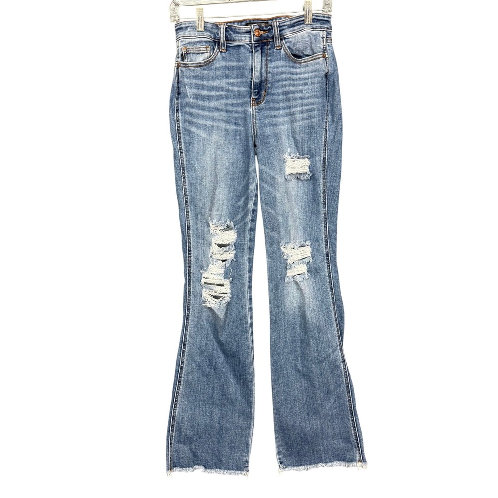 Judy Blue Bootcut Jeans Womens 5/27 Blue Distressed Raw‎ Hem Mid Rise JB82542MD